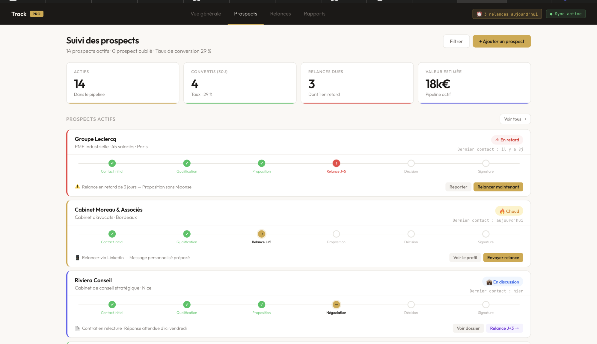 Interface de suivi et de relance des prospects